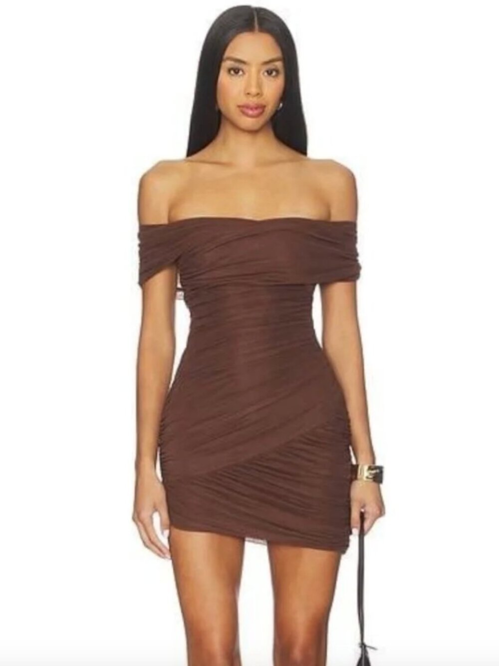 Lovers and Friends Ariela Mini Dress Chocolate Brown Off Shoulder Ruched Small
